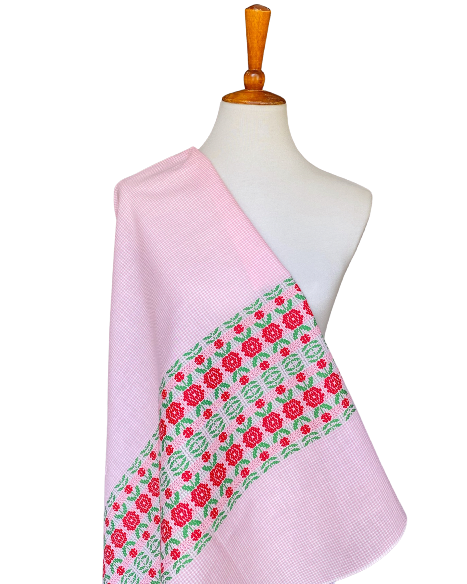 Early 1960s Pink gingham  Floral Embroider  Border Print Cotton