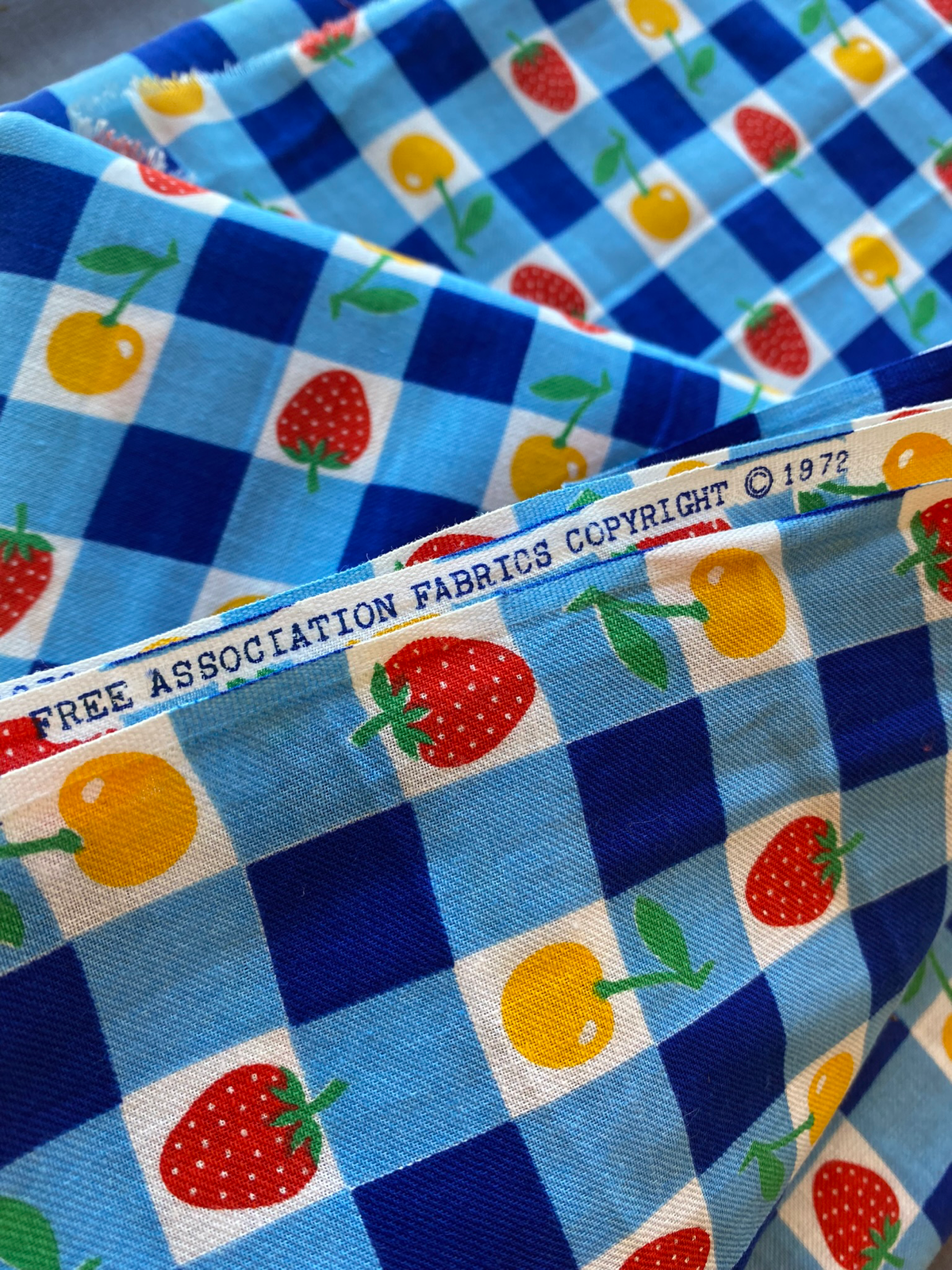 1970s Blue Gingham Fruit print