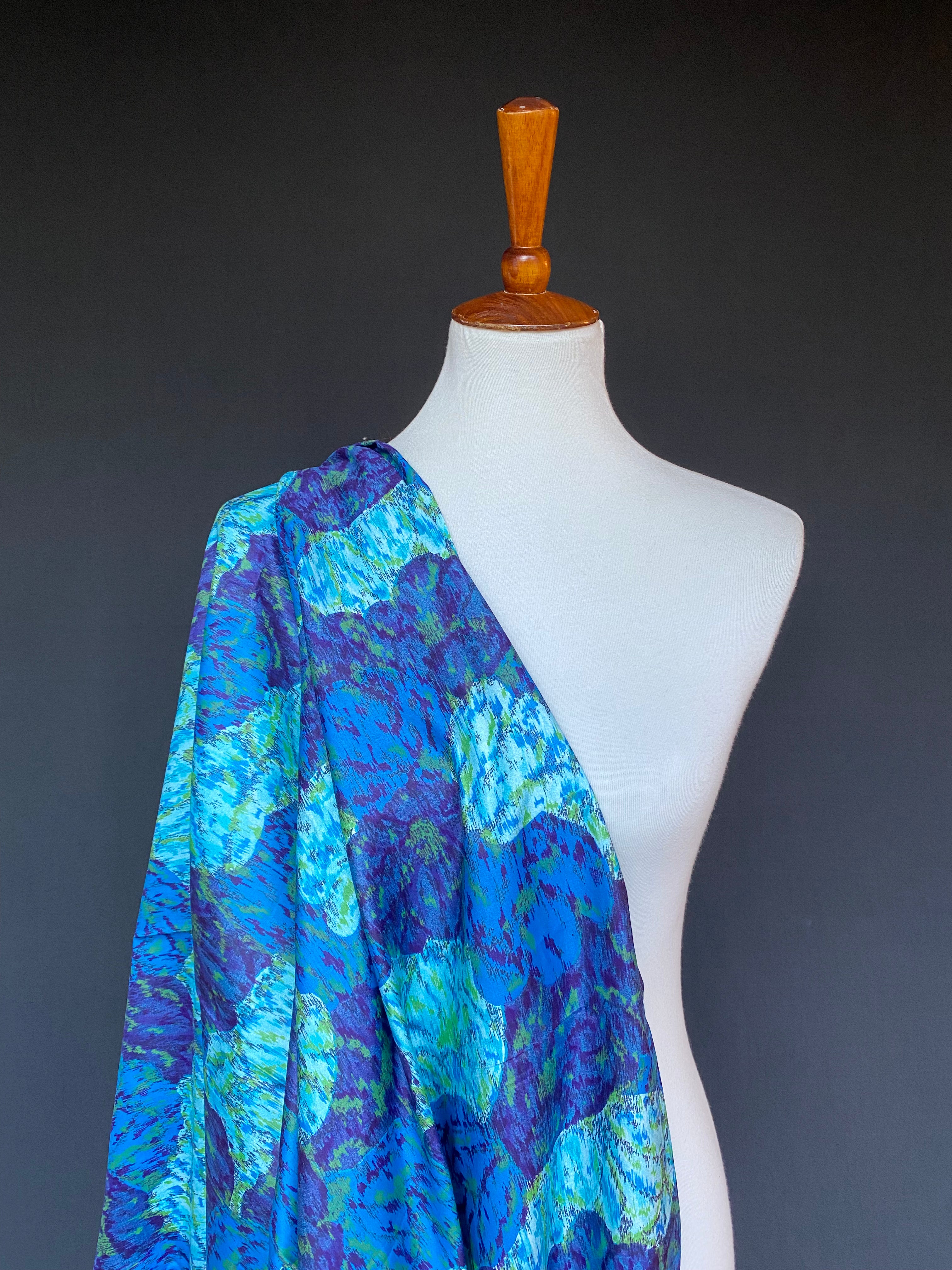 Late 1950s Painterly Blue Floral Cotton