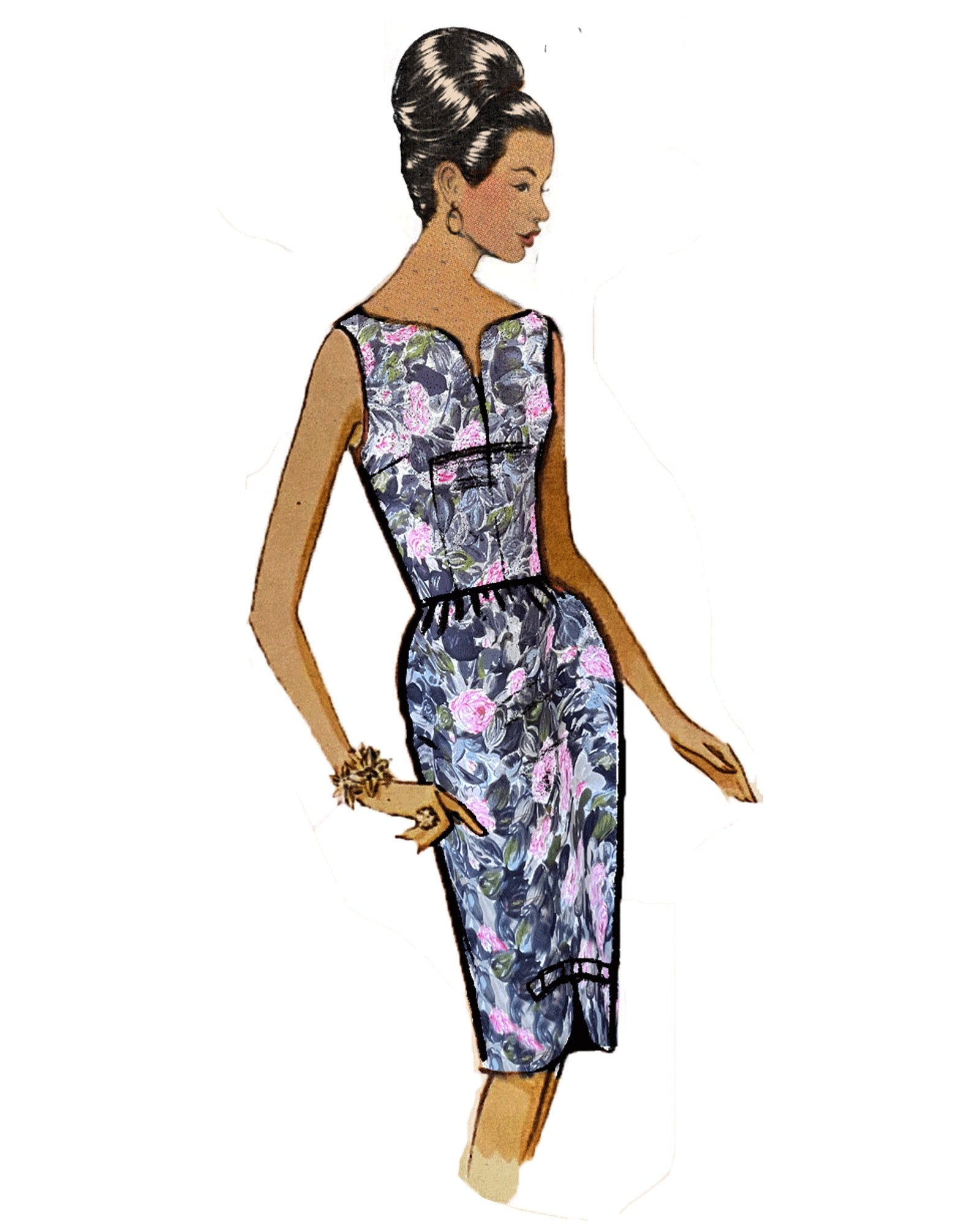 RESERVED1950s Painterly Pink and Grey Roses Cotton