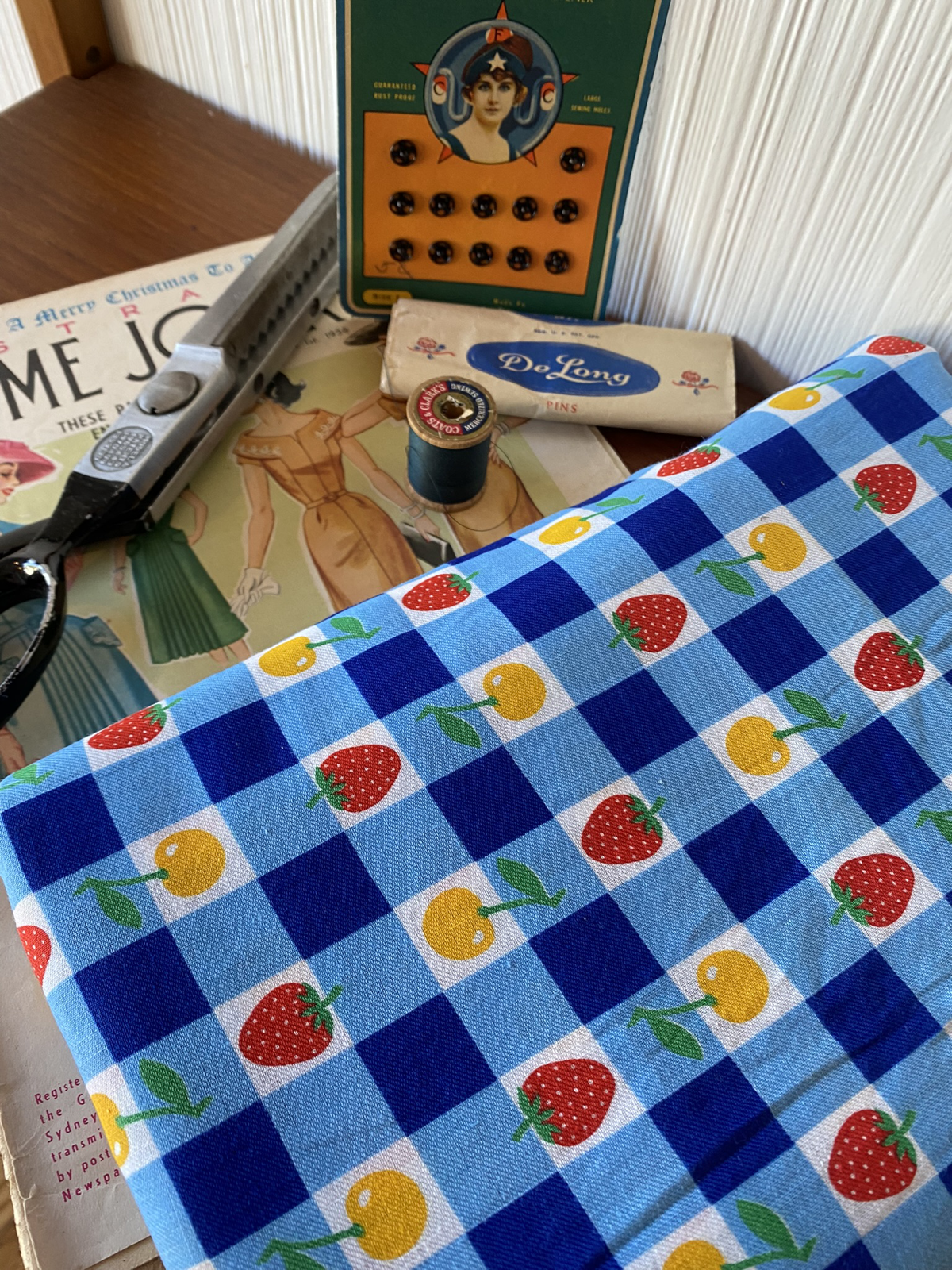 1970s Blue Gingham Fruit print
