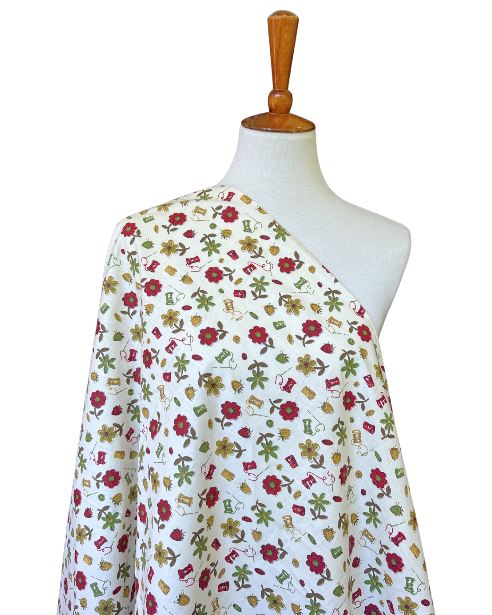1960s Folksy Sewing Floral Novelty Print Cotton
