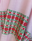 Early 1960s Pink gingham  Floral Embroider  Border Print Cotton