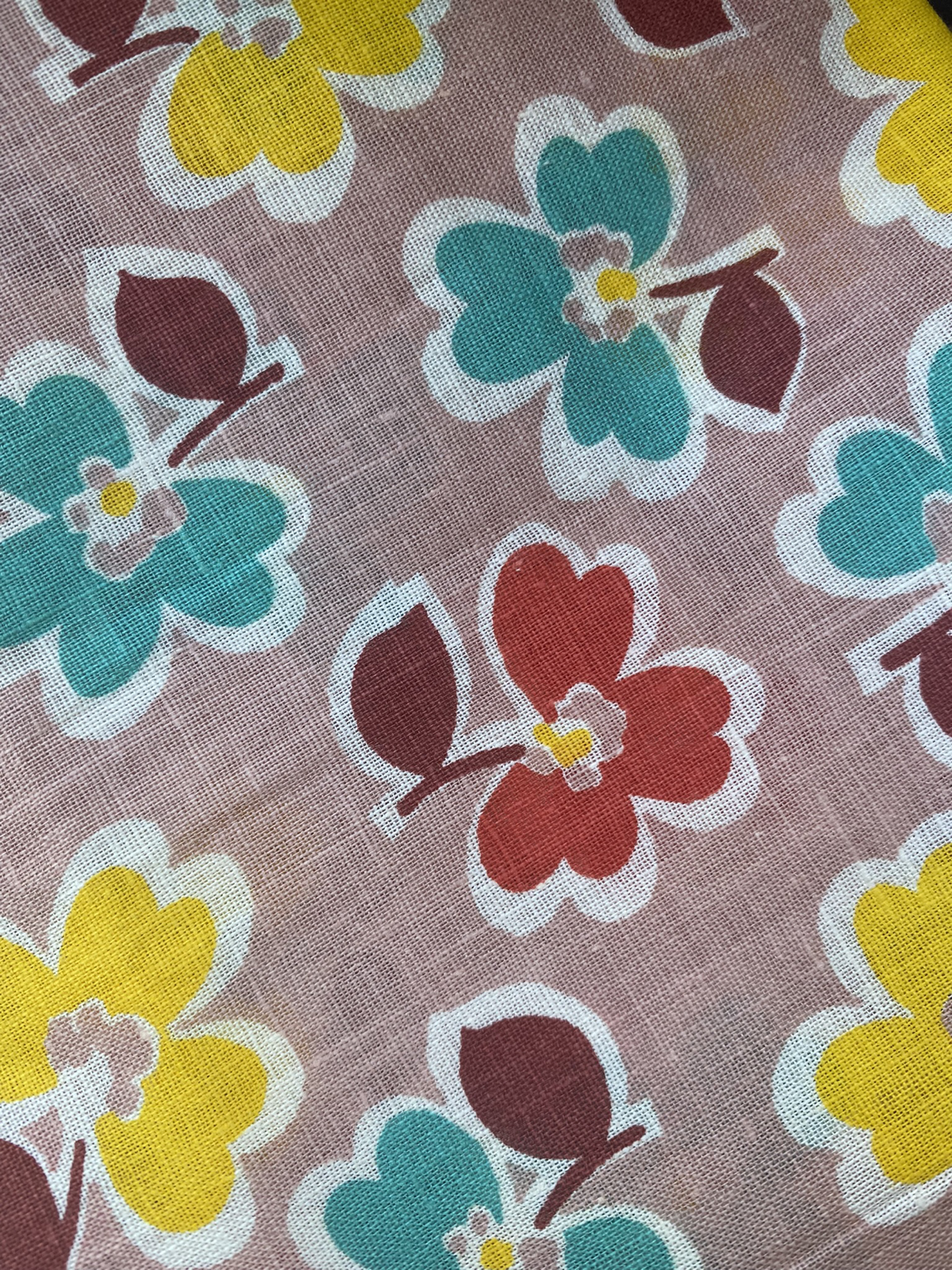 1930s - 1940s Tan Multi-color Floral Cotton