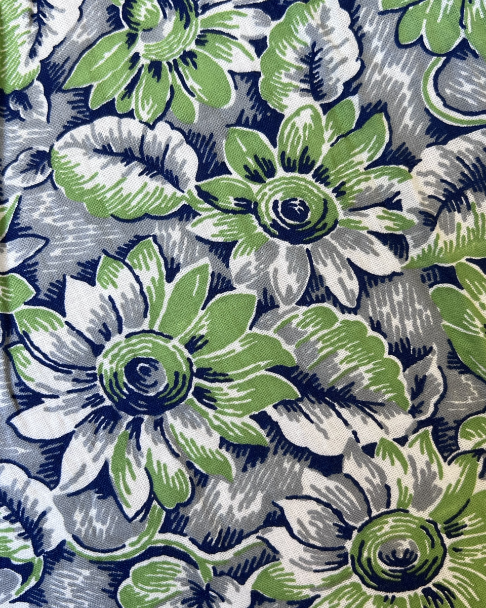 1930s-1940s Green, Navy and Grey Floral Cotton