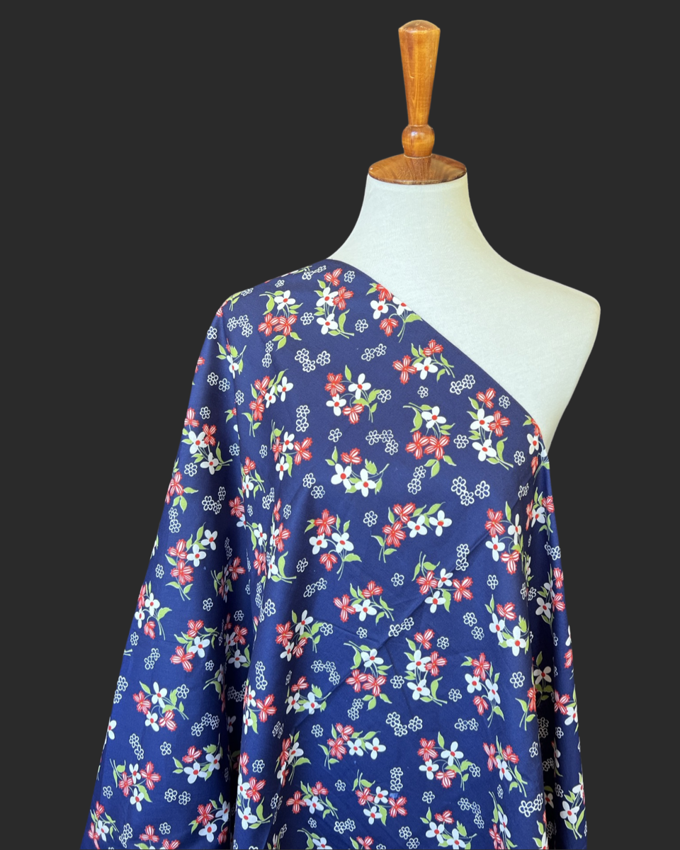 1930s-1940s Navy Blue Cotton Floral